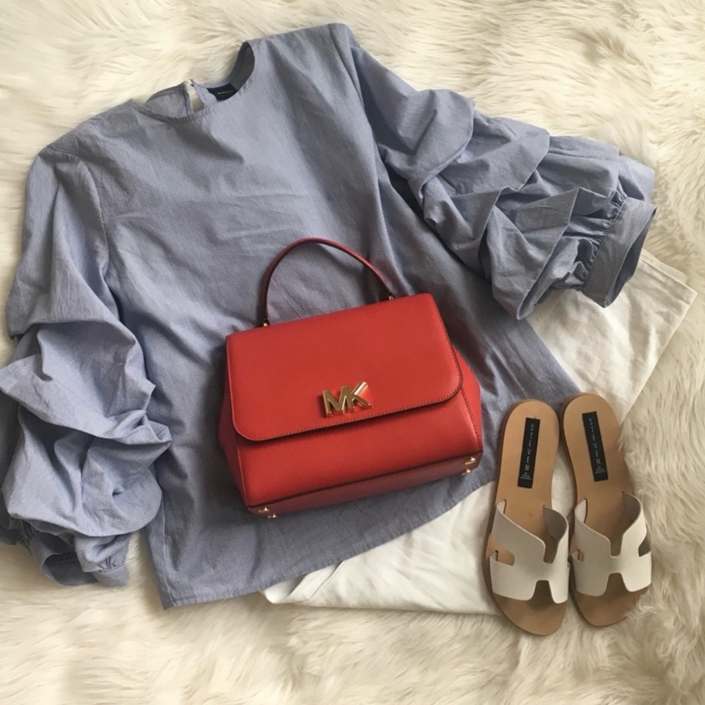 Who What Wear Red Puff Sleeve Blouse with Mandarin Collar